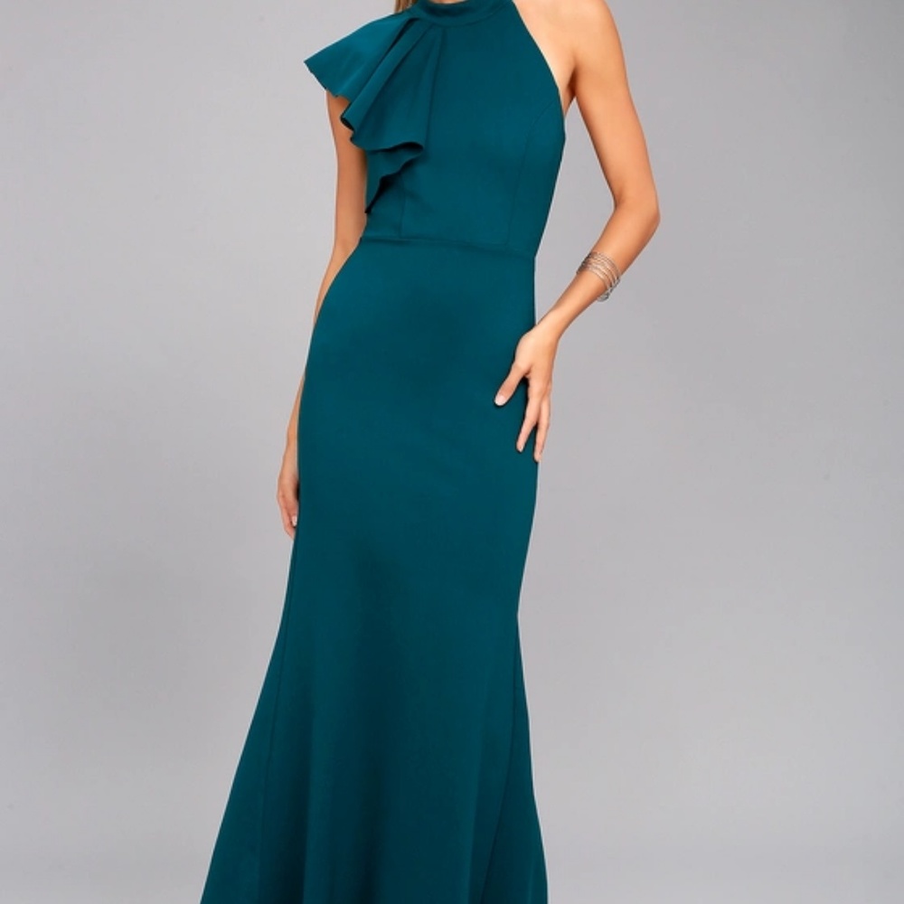 Margeaux Teal Blue one-shoulder maxi dress